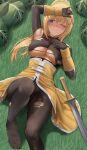  1girl armor bangs black_legwear blonde_hair blue_eyes bodysuit braid breasts darkness_(konosuba) eyebrows_visible_through_hair gloves grass hair_between_eyes hair_ornament highres kono_subarashii_sekai_ni_shukufuku_wo! large_breasts long_hair lying no_shoes on_back on_grass on_ground one_eye_closed ponytail silvertsuki solo torn_bodysuit torn_clothes torn_legwear very_long_hair x_hair_ornament 