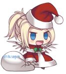  1girl :d blonde_hair blue_eyes blush capelet christmas coat commentary fur-trimmed_capelet fur_trim hat holding holding_sack long_hair long_sleeves lowres meme mercy_(overwatch) open_mouth overwatch padoru_(meme) red_capelet red_coat red_headwear sack santa_hat simple_background smile solo standing tifa-amakura tongue twitter_username white_background 