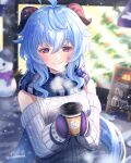  ahoge artist_name bangs bare_shoulders blue_hair blush christmas cup curled_horns doyamona ganyu_(genshin_impact) genshin_impact gloves holding holding_cup horns long_hair scarf sidelocks smile snow solo sweater violet_eyes 