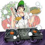  1boy black_hair chopsticks hat headphones holding holding_plate katsumata_agetarou licking_lips male_focus mitsudori8 plate shirt solo steam tongue tongue_out tonkatsu tonkatsu_dj_agetarou turntable white_shirt 