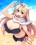  1girl :d arm_up bangs beach bikini black_bikini blonde_hair braid breasts commentary_request cowboy_shot eyebrows_visible_through_hair frilled_bikini frills hair_between_eyes hair_ornament hairclip hairy happa_(cloverppd) highres huge_breasts kantai_collection long_hair looking_at_viewer navel red_eyes remodel_(kantai_collection) sand scarf side-tie_bikini smile solo sparkling_eyes swimsuit very_long_hair water white_scarf yuudachi_(kancolle) 