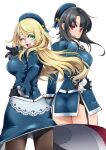  2girls ass atago_(kancolle) back beret black_gloves black_hair black_legwear blonde_hair blue_headwear blue_jacket breasts commission cowboy_shot eyebrows_visible_through_hair frills garter_straps gloves green_eyes hair_between_eyes hand_on_hip hat jacket kantai_collection large_breasts long_hair long_sleeves looking_at_viewer looking_back military military_uniform miniskirt multiple_girls open_mouth pantyhose red_eyes short_hair simple_background skeb_commission skirt smile takao_(kancolle) thigh-highs udukikosuke uniform white_background 