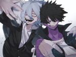  2boys ametaro_(ixxxzu) black_hair black_jacket black_pants blue_eyes boku_no_hero_academia burn_scar cheek_piercing coat dabi_(boku_no_hero_academia) fur-trimmed_coat fur_trim grey_jacket highres jacket looking_at_viewer male_focus medium_hair multiple_boys multiple_scars open_mouth pants red_eyes scar scar_on_face shigaraki_tomura shirt short_hair spiky_hair staple stapled white_background white_hair white_shirt wrinkled_skin 