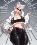  1girl absurdres animal_ears belt black_bra black_pants bra breasts cowboy_shot dog_tags down_jacket gradient gradient_background hand_on_hip hand_up highres huge_breasts inubashiri_momiji jacket looking_at_viewer midriff navel pants pom_pom_(clothes) red_eyes short_hair silver_hair smile solo sports_bra standing sunglasses tail thighs tochinoko touhou underwear wolf_ears wolf_tail 