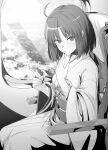  1girl ahoge bangs breasts eating food greyscale highres ibuki_notsu japanese_clothes kara_no_kyoukai kimono long_sleeves looking_at_viewer medium_breasts monochrome obi parted_bangs ryougi_shiki sash short_hair sitting wide_sleeves 