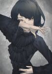  1girl bangs black_hair black_theme center_frills closed_mouth frills gothic_lolita lolita_fashion long_sleeves looking_at_viewer original short_hair sleeves_past_wrists solo upper_body wide_sleeves yellow_eyes yellow_pupils ymok 