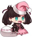  1girl :d asymmetrical_bangs bangs black_choker black_jacket blush_stickers choker commentary dress earrings green_eyes hair_ribbon hat holding holding_sack jacket jewelry lowres marnie_(pokemon) meme open_clothes open_jacket open_mouth padoru_(meme) pink_dress pink_headwear pokemon pokemon_(game) pokemon_swsh red_ribbon ribbon sack santa_hat simple_background smile solo standing tifa-amakura tongue white_background 