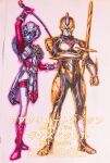  1boy 1girl absolute_titan alien andro_melos_(series) arm_blade armor character_request copyright_request full_armor garoshirou gina_spectre glowing glowing_bodysuit glowing_eyes gold_armor highres holding holding_sword holding_weapon holding_whip pauldrons shoulder_armor sword tokusatsu ultra_galaxy_fight:_the_destined_crossroad ultra_series ultraman_x_(series) weapon whip 