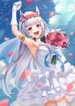 1girl :d animal_ears arm_up armpits blue_sky blurry blurry_foreground bouquet bridal_veil clouds cloudy_sky dress flower gloves gold_ship_(umamusume) hair_flower hair_ornament headphones headphones_around_neck highres holding holding_bouquet horse_ears horse_girl kabu_(niniko2ko) long_hair looking_at_viewer open_mouth outdoors petals pink_flower pink_rose purple_hair rose sky sleeveless sleeveless_dress smile solo thigh-highs umamusume v-shaped_eyebrows veil violet_eyes wedding_dress white_dress white_gloves white_legwear 