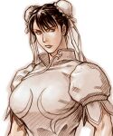  1girl chun-li closed_mouth double_bun hair_between_eyes hair_bun hatching_(texture) monochrome puffy_sleeves short_hair simple_background sketch solo street_fighter takasugi_kou toned upper_body white_background 