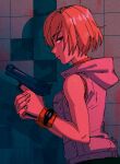  1girl bare_shoulders blonde_hair blood blood_on_wall brown_eyes closed_mouth dated eyebrows_visible_through_hair eyeshadow fingernails gun half-closed_eyes handgun heather_mason highres holding holding_gun holding_weapon hood hood_down kinuko_(kinucakes) looking_back makeup pink_eyeshadow shadow short_hair signature silent_hill silent_hill_3 solo tile_wall tiles turtleneck watch watch weapon 