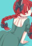  1girl absurdres animal_ears back_cutout blush bow braid cat_ears cat_tail choker clothing_cutout dress extra_ears frills green_dress highres kaenbyou_rin looking_at_viewer lying meieki_lolita nekomata one-hour_drawing_challenge pointy_ears red_eyes redhead short_sleeves simple_background slit_pupils solo tail touhou twin_braids 