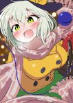  1girl :d absurdres adapted_costume blurry blush bokeh breasts breath depth_of_field green_eyes happy hat highres komeiji_koishi large_breasts light_green_hair mittens nose_blush polyhedron2 scarf short_hair smile solo third_eye touhou winter_clothes 