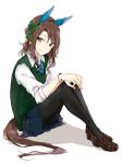  1girl alternate_costume animal_ears blue_necktie blue_skirt bow bracelet brown_hair ear_covers eyebrows_visible_through_hair green_sweater_vest hair_bow hand_on_hand hand_on_own_knee horse_ears horse_girl horse_tail jewelry king_halo_(umamusume) knees_up loafers long_hair long_sleeves necktie ninjin_nouka pantyhose pleated_skirt red_eyes shadow shirt shoes sitting skirt smile solo sweater_vest tail umamusume white_background white_shirt 