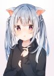  1girl absurdres animal_ear_fluff bangs black_sweater blush eyebrows_visible_through_hair fang gradient gradient_background heripiro highres long_hair looking_at_viewer open_mouth original red_eyes silver_hair simple_background skin_fang solo sweater upper_body white_background 