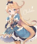  1girl armor bangs black_bow blonde_hair blue_dress blue_eyes blush bow breastplate brown_background character_name charlotta_(granblue_fantasy) closed_mouth dotted_line dress enomoto_hina faulds granblue_fantasy hair_between_eyes hair_bow harvin juliet_sleeves long_hair long_sleeves looking_at_viewer pointy_ears puffy_sleeves sidelocks skirt_basket solo swept_bangs very_long_hair 