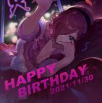  1girl :p blue_eyes hair_over_one_eye hand_up happy_birthday highres looking_at_viewer lying on_side one_piece pink_hair pink_theme qin_(7833198) short_hair smile solo tongue tongue_out vinsmoke_reiju 
