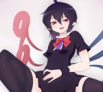  1girl :d \||/ ahoge asymmetrical_wings bangs black_dress black_hair black_legwear black_wristband blue_wings blush breasts center_frills commentary_request dress eyelashes feet_out_of_frame fingernails frills grey_background hair_between_eyes houjuu_nue open_mouth pointy_ears red_eyes red_neckwear red_ribbon red_wings ribbon scowl shio_(futatsumami) short_dress short_hair short_sleeves simple_background sitting slit_pupils small_breasts smile solo teeth thigh-highs thighs tongue touhou upper_teeth wings 