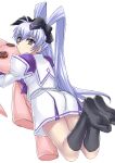  1girl ass bangs blue_eyes eyebrows_visible_through_hair hair_behind_ear hakuryou_high_school_uniform highres long_hair minarai muvluv object_hug school_uniform silver_hair skirt socks soles solo stuffed_animal stuffed_bunny stuffed_toy twintails white_background white_skirt yashiro_kasumi 