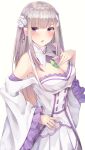  1girl absurdres bangs breasts emilia_(re:zero) hair_ornament highres long_hair looking_at_viewer pointy_ears re:zero_kara_hajimeru_isekai_seikatsu silver_hair solo violet_eyes yuunamida_uyu 