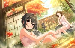  autumn blush brown_eyes brown_hair idolmaster_cinderella_girls_starlight_stage kohinata_miho onsen short_hair smile towel 