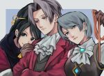  480 ascot black_hair blue_eyes coat franziska_von_karma green_eyes grey_hair holding holding_whip kay_faraday key_hair_ornament leaning_on_person light_blue_hair looking_at_viewer looking_to_the_side miles_edgeworth ponytail ribbon scarf short_hair simple_background smile 