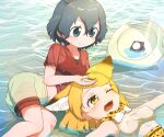  2girls animal_ear_fluff animal_ears bangs black_eyes black_hair blonde_hair bow bowtie breasts chis_(js60216) closed_mouth commentary cupping_hand day fangs grey_shorts headwear_removed helmet helmet_removed highres kaban_(kemono_friends) kemono_friends looking_at_another lying midriff multiple_girls navel on_back on_side one_eye_closed open_mouth outdoors pith_helmet pouring red_shirt serval_(kemono_friends) serval_print shirt short_hair short_sleeves shorts sleeveless sleeveless_shirt small_breasts smile sparkle sunlight swept_bangs t-shirt wading water water_drop wavy_hair wet wet_clothes wet_shirt wet_shorts white_headwear yellow_eyes 