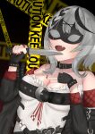  1girl absurdres bangs belt blush breasts caution_tape fang gloves highres mask nail_polish open_clothes sakamata_chloe smile solo teeth upper_body white_hair 