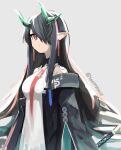  1girl arknights artist_name black_coat black_hair closed_mouth coat commentary dated_commentary dusk_(arknights) earrings green_horns grey_background hair_over_one_eye horns jewelry long_hair looking_at_viewer necktie off-shoulder_coat off_shoulder pointy_ears red_eyes red_necktie shirt simple_background skeptycally sleeveless sleeveless_shirt solo upper_body white_shirt 