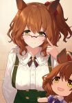  1girl adjusting_eyewear animal_ears aston_machan_(umamusume) bangs blush brown_hair brown_ribbon buttons character_doll character_request chorefuji closed_mouth collared_shirt commentary_request eyelashes frills glasses green_eyes green_skirt hand_up highres horse_ears index_finger_raised looking_at_viewer neck_ribbon one_side_up red-framed_eyewear ribbon semi-rimless_eyewear shirt skirt smile suspender_skirt suspenders umamusume white_shirt 