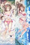  1girl animal animal_ears anklet antenna_hair arknights arm_up armpits bangs barefoot beach bikini blue_sky blush breasts brown_hair closed_mouth clouds collarbone dakimakura_(medium) day eyebrows_visible_through_hair eyjafjalla_(arknights) eyjafjalla_(summer_flowers)_(arknights) flower from_above from_side full_body hair_flower hair_ornament hand_on_own_chest hand_on_own_stomach hibiscus highres horns infection_monitor_(arknights) jewelry knees_up leg_garter long_hair looking_at_viewer lying medium_breasts multiple_views ocean off-shoulder_bikini off_shoulder official_alternate_costume on_back outdoors pink_bikini pink_flower red_eyes sample sand seashell shallow_water sheep sheep_ears sheep_girl sheep_horns shell sky smile starfish swimsuit taro_(ultrataro) water wreath 