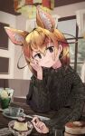  1girl alternate_costume animal_ears black_sweater blonde_hair blush brown_eyes casual commentary_request desert earrings extra_ears eyebrows_visible_through_hair fennec_(kemono_friends) fox_ears fox_girl highres jewelry kemono_friends long_sleeves looking_at_viewer nanana_(nanana_iz) short_hair solo sweater yellow_eyes 