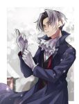  1boy 480 ascot bangs coat from_side gloves grey_hair hands_up highres long_sleeves male_focus miles_edgeworth parted_bangs parted_lips snowing solo 
