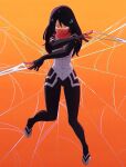  1980s_(style) 1girl absurdres animification black_gloves black_hair brown_hair cindy_moon gloves gradient gradient_background highres long_hair marvel mask mouth_mask orange_background partially_fingerless_gloves retro_artstyle silk silk_(marvel) solo spider-man_(series) spider_web superhero thejg 