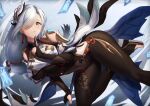  1girl bare_shoulders blue_eyes blush bodysuit breasts covered_navel fingerless_gloves genshin_impact gloves hair_ornament hair_over_one_eye highres hip_vent large_breasts parted_lips shenhe_(genshin_impact) solo thighs white_hair xfate 