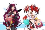  2girls absurdres animal_ear_fluff animal_ears black_gloves black_hair black_skirt blue_eyes detached_sleeves gloves hakos_baelz hand_on_hip heterochromia highres holding holding_stuffed_toy hololive hololive_english irys_(hololive) long_hair looking_to_the_side midriff mouse_ears mouse_girl mouse_tail multicolored_clothes multicolored_skirt multiple_girls navel ootoii pleated_skirt purple_hair red_skirt redhead single_leg_pantyhose single_thighhigh skirt strapless stuffed_toy tail thigh-highs tube_top twintails very_long_hair violet_eyes virtual_youtuber white_hair white_skirt white_tube_top 
