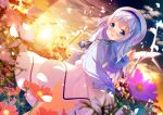  1girl :d artist_name ascot bangs beret black_neckwear blue_cardigan blue_eyes blue_hair blue_jacket blurry blurry_foreground blush cardigan chinomaron dated depth_of_field dress eyebrows_visible_through_hair flower gochuumon_wa_usagi_desu_ka? hair_between_eyes hair_ornament hand_up happy_birthday hat highres jacket kafuu_chino long_hair long_sleeves looking_at_viewer looking_back open_cardigan open_clothes open_jacket open_mouth outdoors petals purple_flower red_flower sailor_hat signature sleeves_past_wrists smile solo sunset two_side_up very_long_hair white_dress white_flower white_headwear wind_turbine x_hair_ornament 