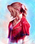  1girl aerith_gainsborough artist_name blue_background braid breasts brown_hair buckle commentary cropped_jacket dress english_commentary facing_away final_fantasy final_fantasy_vii from_side hair_ribbon highres instagram_username jacket jewelry long_hair looking_away medium_breasts necklace open_clothes open_jacket pink_dress pink_ribbon red_jacket ribbon side_braid signature single_braid solo tylor_hepner upper_body visible_air watermark zipper 