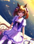 1girl animal_ears bag bangs blush bow breasts brown_hair collarbone commentary_request feet_out_of_frame hair_bow handbag highres horse_ears horse_girl horse_tail kashmir_0808 looking_at_viewer medium_breasts outdoors pleated_skirt puffy_short_sleeves puffy_sleeves purple_bow purple_shirt reflection reflective_water ripples sailor_collar school_uniform shadow shirt short_sleeves sitting skirt smart_falcon_(umamusume) smile solo sunset tail thigh-highs tracen_school_uniform twintails umamusume umbrella white_legwear white_skirt yellow_eyes 