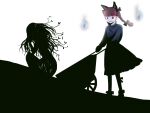  2girls animal_ears black_theme braid cat_ears elsa_maria_(madoka_magica) hitodama houzuki_(hotondo) kaenbyou_rin long_hair mahou_shoujo_madoka_magica multiple_girls red_eyes redhead shadow silhouette size_difference touhou twin_braids very_long_hair wheelbarrow white_background witch_(madoka_magica) 