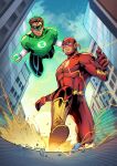  2boys barry_allen black_bodysuit blue_eyes bodysuit boots brown_hair city clouds day domino_mask electricity flying gloves green_bodysuit green_lantern green_lantern_(series) hal_jordan jewelry looking_at_another male_focus mask multiple_boys muscular muscular_male outdoors parted_lips red_bodysuit redrico ring short_hair sky superhero the_flash the_flash_(series) two-tone_bodysuit white_gloves 