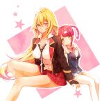  2girls blonde_hair bobpict braid breasts cat_hair_ornament couple fingerless_gloves gloves gyaru hair_ornament loose_necktie multiple_girls necktie red_eyes redhead shikishima_mirei short_twintails tokonome_mamori twin_braids twintails valkyrie_drive valkyrie_drive_-mermaid- wife_and_wife yellow_eyes yuri 