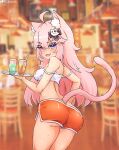  1girl ahoge alcohol animal_ear_fluff animal_ears artist_name ass back bare_shoulders bebatch breasts cat_ears cat_girl cat_tail clothes_writing commentary crop_top english_commentary eyebrows_visible_through_hair eyes_visible_through_hair hair_ornament highres hooters indoors long_hair looking_at_viewer looking_back multiple_views nyatasha_nyanners off_shoulder open_mouth orange_shorts pink_hair shirt short_shorts shorts sideboob small_breasts tail turnaround violet_eyes virtual_youtuber vshojo white_shirt 