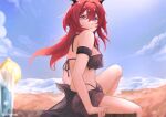  1girl arknights armband bangs bare_shoulders bikini black_bikini blue_sky breasts commentary day food fruit hair_between_eyes halterneck horns infection_monitor_(arknights) lemon lemon_slice long_hair looking_at_viewer medium_breasts nats_(d0ughnats) redhead sarong sitting sky smile solo stomach surtr_(arknights) swimsuit symbol-only_commentary thighs violet_eyes 