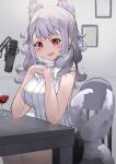  1girl alcohol animal_ear_fluff animal_ears bangs breasts cup drinking_glass earrings extra_ears eyebrows_visible_through_hair eyeshadow fox_ears fox_girl fox_tail grey_hair hair_behind_ear highres jewelry makeup medium_breasts medium_hair microphone mole mole_under_eye multiple_tails nijisanji nijisanji_en nina_kosaka own_hands_together red_eyes red_eyeshadow ribbed_sweater ruisha short_eyebrows sleeveless sleeveless_sweater smile solo sweater tail virtual_youtuber white_sweater wine wine_glass 