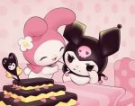  2girls ^_^ animal_ears animal_nose arm_up black_eyes blank_eyes blush body_fur cake chair closed_eyes closed_mouth commentary_request crying english_text flower food furry furry_female hair_flower hair_ornament happy heart indoors inkune kuromi layer_cake light_blush multiple_girls my_melody onegai_my_melody open_mouth pink_background polka_dot polka_dot_background rabbit_ears rabbit_girl rabbit_tail smile standing table tail tears v-shaped_eyebrows white_flower white_fur wiping_tears 