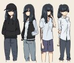  1girl amamiya_yumi beige_background black_hair burn_scar casual collared_shirt covered_eyes expressions hair_over_eyes hair_over_one_eye hood hoodie jacket long_hair nerdy_girl&#039;s_story pants scar shirt shorts simple_background solo urin 