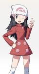  1girl ;d beanie black_hair buttons coat eyelashes grey_eyes hair_ornament hairclip hand_on_hip hand_up hat highres hikari_(pokemon) knees long_hair long_sleeves looking_at_viewer one_eye_closed open_mouth over-kneehighs pokemon pokemon_(game) pokemon_dppt pokemon_platinum red_coat sidelocks smile solo teeth thigh-highs tongue upper_teeth v white_headwear white_legwear yoshi_(moco1) 