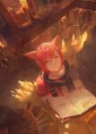  1boy animal_ears bangs book bookshelf candle cat_ears facial_mark final_fantasy final_fantasy_xiv g&#039;raha_tia hair_between_eyes library looking_at_viewer looking_up male_focus miqo&#039;te neck_tattoo open_book red_eyes redhead short_hair solo standing tattoo zxin 