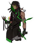  1boy aragami_oga black_capelet black_gloves black_jacket bracelet capelet clenched_hand dark-skinned_male dark_skin fingerless_gloves gloves green_eyes highres hoe-l holostars hood hooded_jacket horns jacket jewelry leaning_back looking_at_viewer male_focus scouter sharp_teeth single_horn sketch sleeveless sleeveless_jacket smile solo teeth virtual_youtuber 